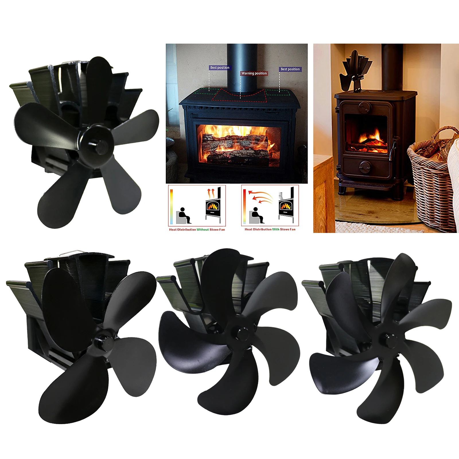 

Heat Powered Stove Fireplace Fan Black Practical for Home Wood Log Burning