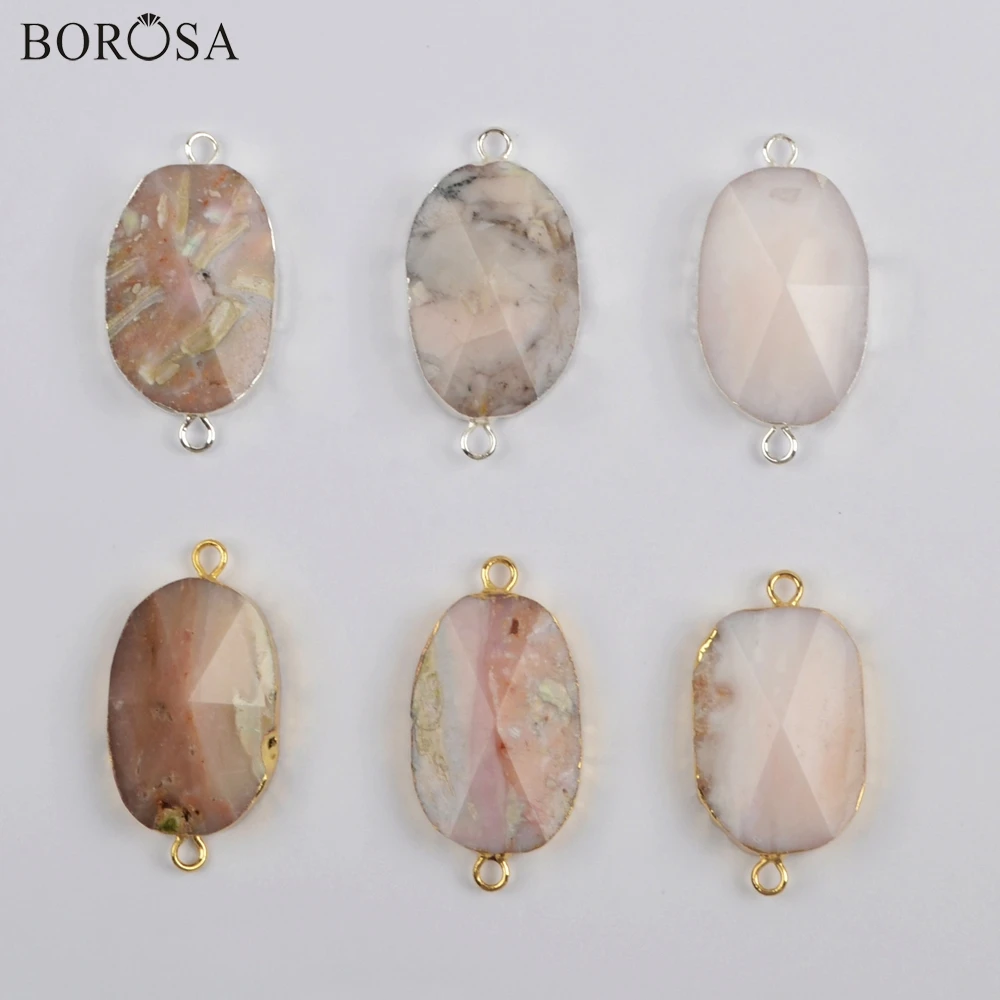 

BOROSA New Gold/Silver Color Pink Opal Faceted Connector Gems Stones Double Charms Jewelry Finding for Necklace G1864
