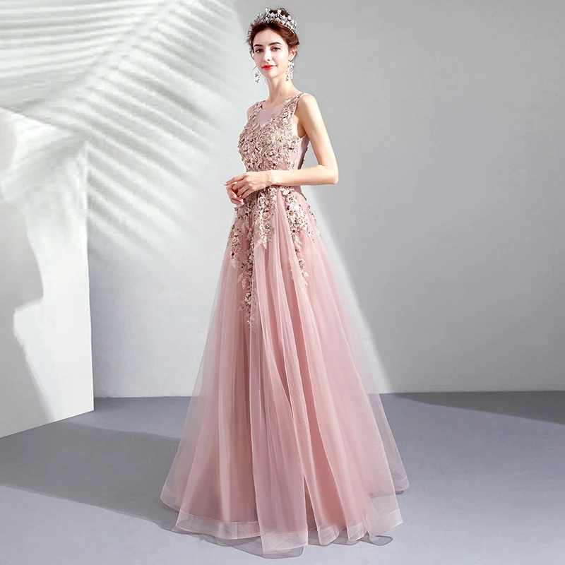 Новинка года; vestido de festa; милое Розовое Кружевное длинное вечернее платье с круглым вырезом; вечерние платья невесты с открытой спиной и бусинами; платья для выпускного с жемчугом