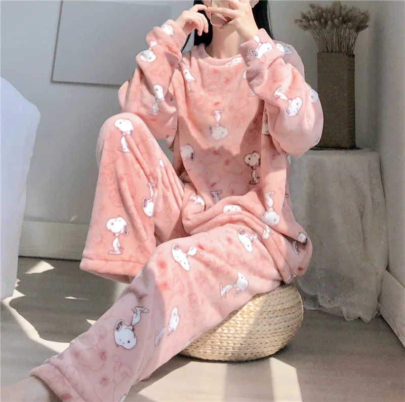 2019 Autumn Winter Women Pyjamas Sets Pajamas Sleepwear Long Sleeve Thick Warm Coral Flannel Female Print Pijama Mujer | Женская одежда