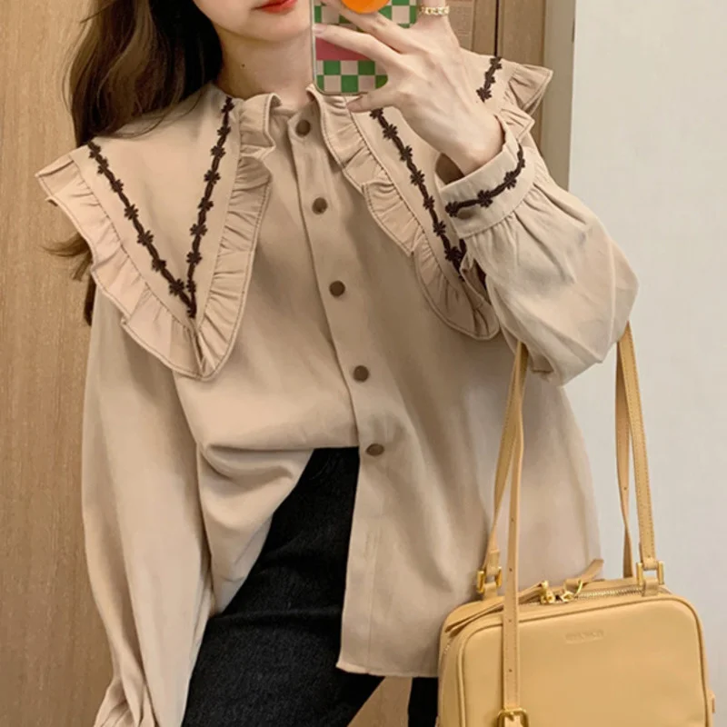 

Белая рубашка с воротником для младенцев во французском стиле, Женский весенне-осенний топ с длинными рукавами, новый дизайн 2021, милая и шик...