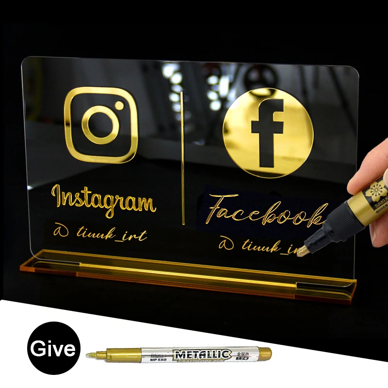 

Social Signage Instagram Facebook Sign Acrylic Plexiglass Decorate Business Sign Give Gold Pen propaganda Table Stand Ornaments