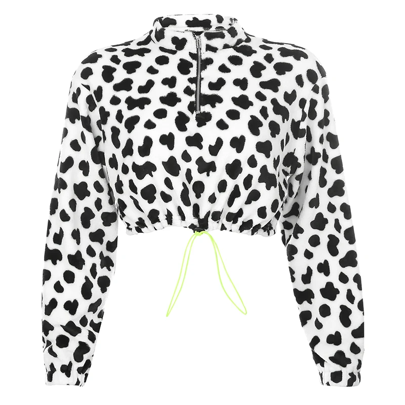 HEYounGIRL Cow Print Black White Crop Sweatshirt Women Casual Long Sleeve Pullover Hoodie Zipper Drawstring Autumn Winter Street