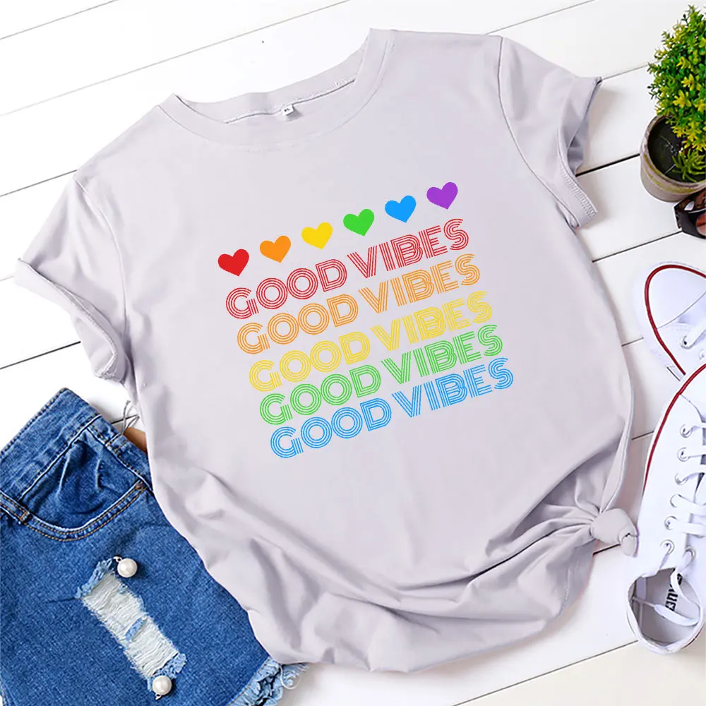 MK GOOD VIBES сердце С принтом Футболка с короткими рукавами для женщин хлопковая