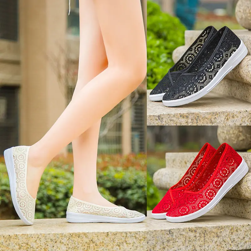 

Summer Old Beijing Cloth Shoes Women's Net Soft Bottom Breathable Middle-aged and Elderly A Pedal Flat Hollow Mother's Shoes