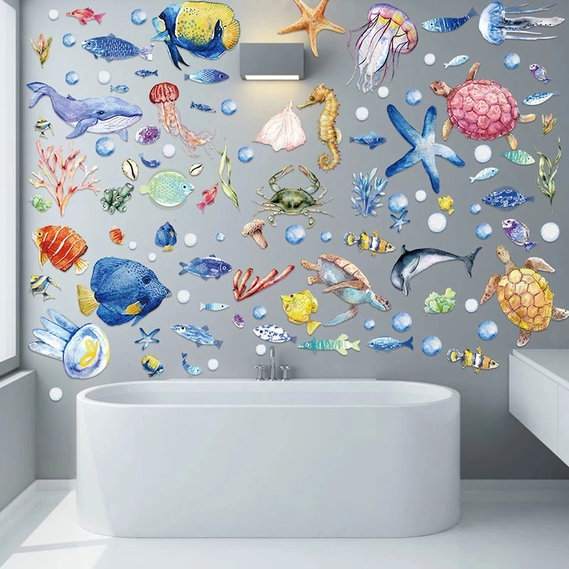 

Cartoon Marine Life Wall Stickers for Bathroom Wall Decor Kids rooms Shark Jellyfish Sea Animals DIY Wall Decals for Home Decor
