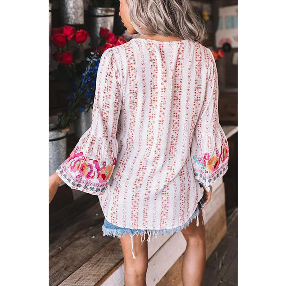 

WEPBEL Women Casual Spring Print Loose Shirt Blouse Ladies Elegant Long Sleeve V Neck T-shirt Blouse