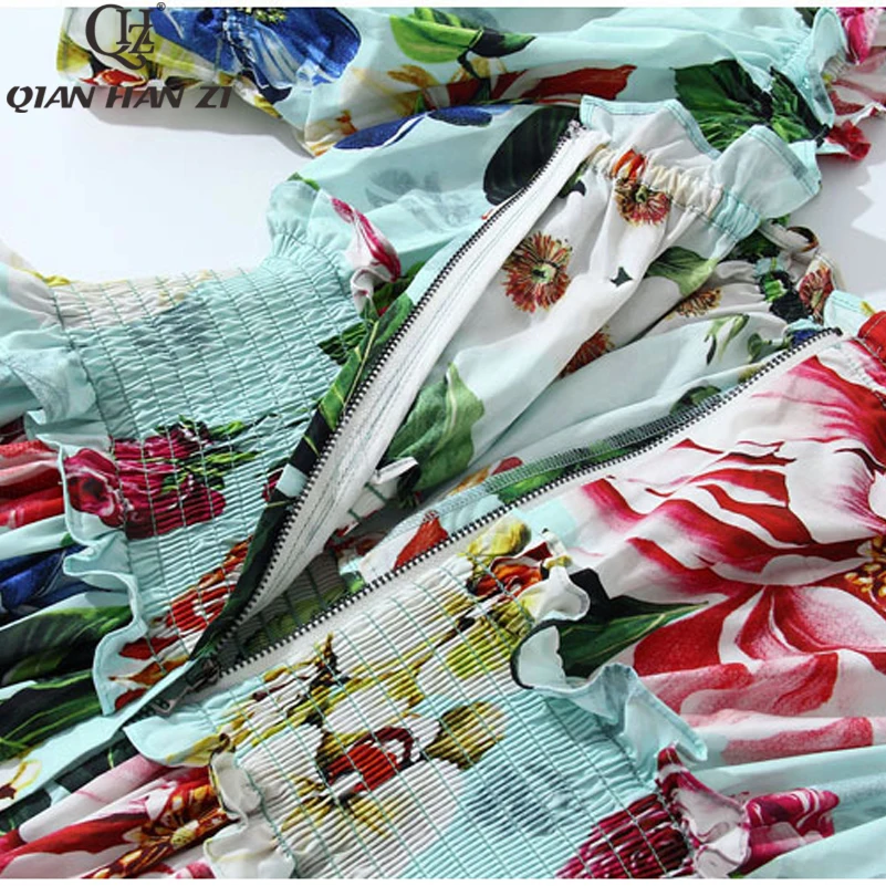 

Qian Han Zi Designer Fashion Summer 100%Cotton Dress Women Puff Sleeve Button Floral Print sexy Slash neck Elegant Dress