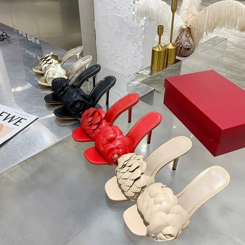 

Ollymurs brand Designer Slippers Women Sexy High Heel Flower Design Shoes Women New Collection Real Leather Summer Slides Pumps