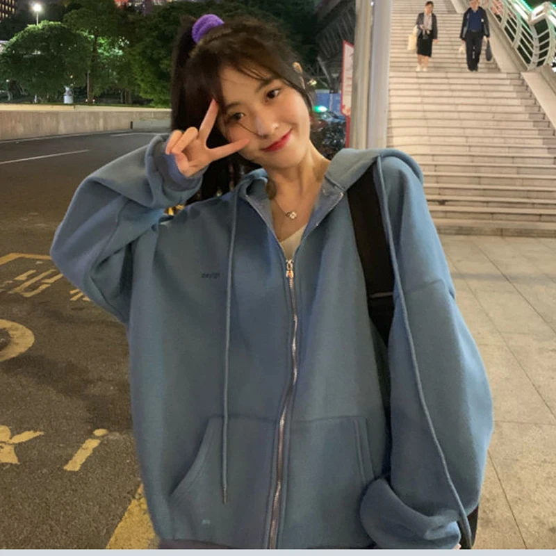 

Zoki Fashion Women Vintage Solid Long Sleeve Hooded Sweatshirt Lady Casual Large Coats Female Clothes Korean Autumn New 2021