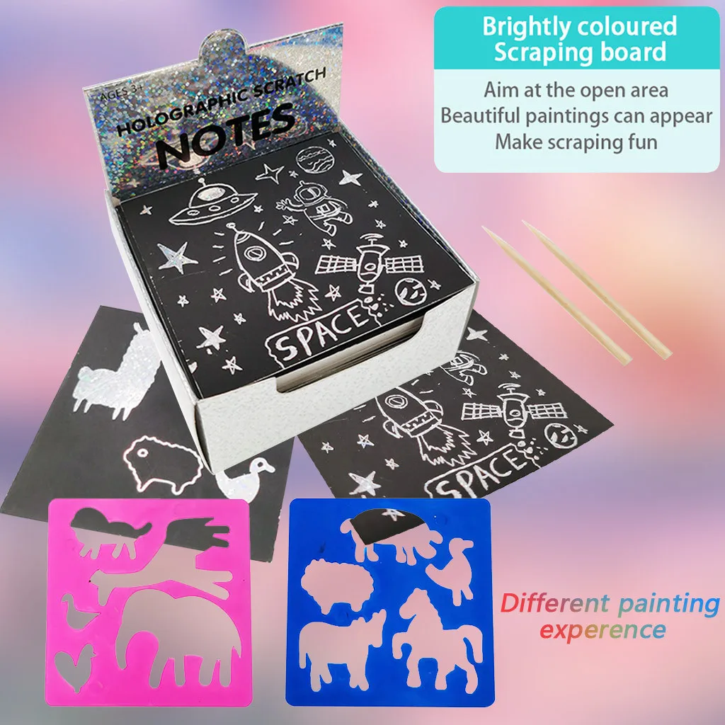 

HIINST 2020 Scratch Notes Set Scratch Doodle Art With 100 Holographic Rainbow Paper ,2 Stylus,2 Stencils Scratch Magic Notes