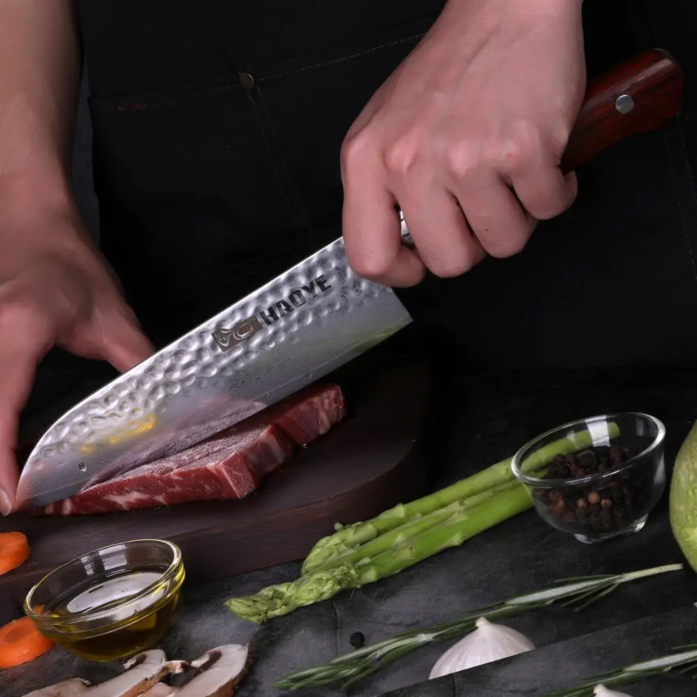 

HAOYE 7 inch Damascus vg10 steel Santoku knives Forged Hammered very sharp kitchen knives blade Full Tang ebony Rosewood Handle
