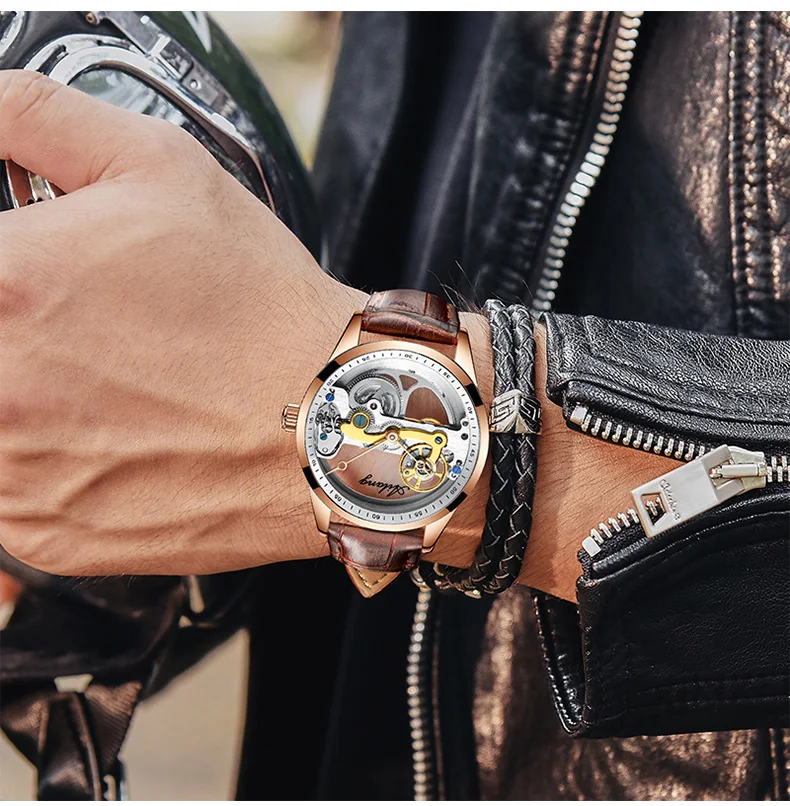 Hollow Out Tourbillon Automatic Men Watch Transparent Dial Male Mechanical Clock Waterproof Genuine Leather Skeleton Wristwatch