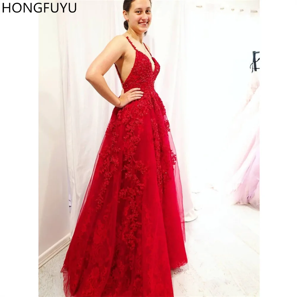 

HONGFUYU Sweetheart Long Prom Dresses 2020 Red Appliqued Evening Gowns Lace Formal Party Dresses vestidos de fiesta Backless