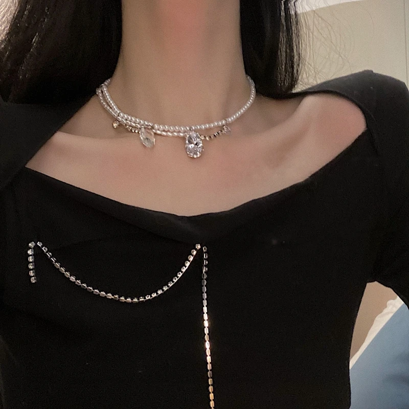 

MENGJIQIAO Korean New Elegant Pearl 2 Layer Choker Jewelry For Women Girls Fashion Crystal Wedding Chain Necklace Bijoux Colares