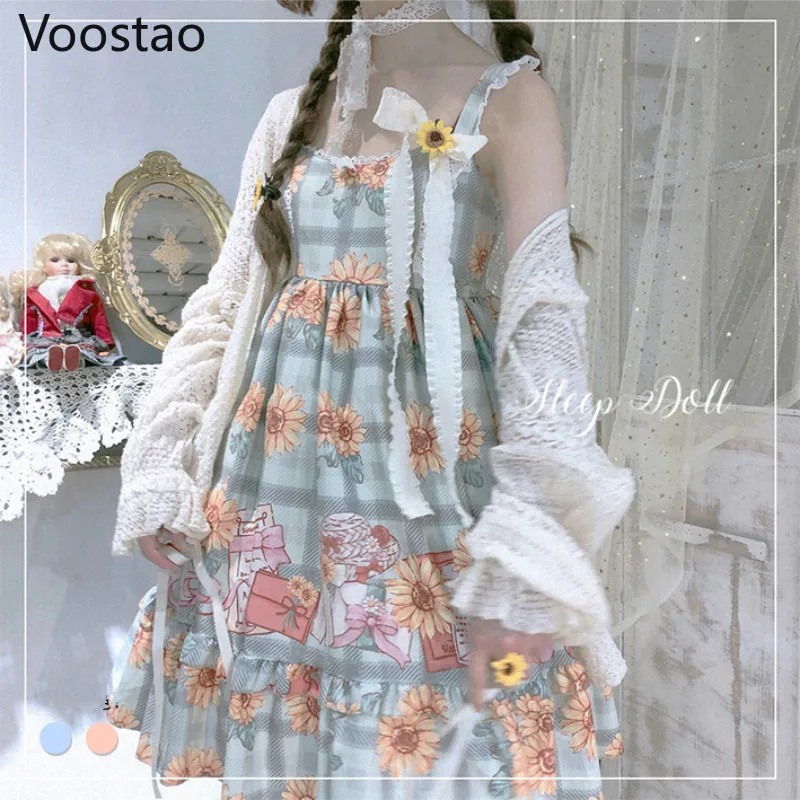 

Japanese Women Sweet Plaid Sunflower Print Jsk Lolita Dress Soft Girls Victorian Gothic Lace Ruffles Princess Tea Party Dresses