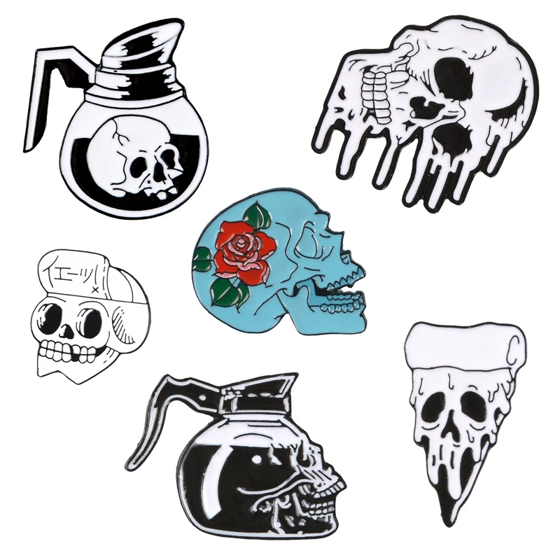 

Fashion Punk Melt Skull Lapel Metal Pins Pizza Teapot Skeleton Brooches Badges Bag Clothes Enamel Pins Jewelry Gifts For Friends