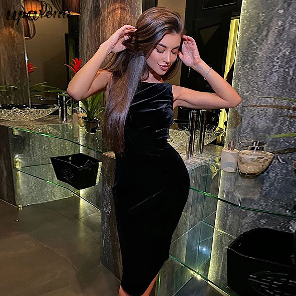

Free Shipping 2021 New Women Black Velvet Dress O-Neck Sleeveless Bodycon Sexy Halter Dress Fork Club Party Knee-Length Vestidos