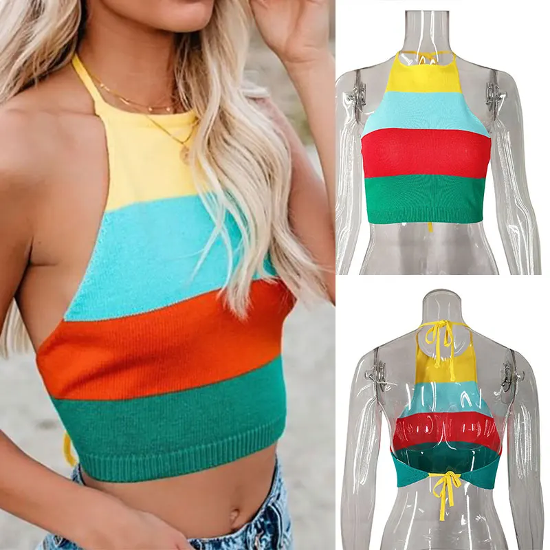 

Summer Simple Tops Bohemia Sexy Vests Women Clothing Stretchy Slim Fit Halter Vest Beach Striped Tank T-Shirts