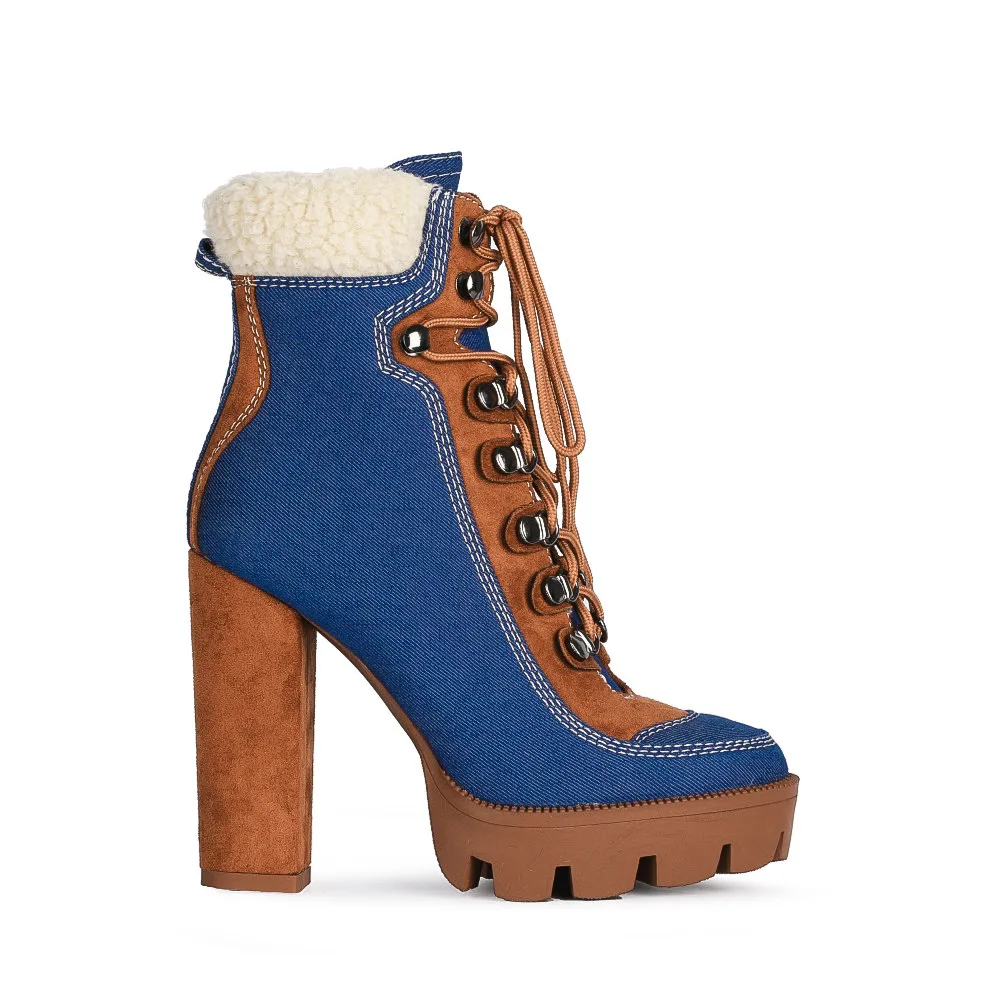 

2020 new large women's high heel platform ankle boots sky blue denim