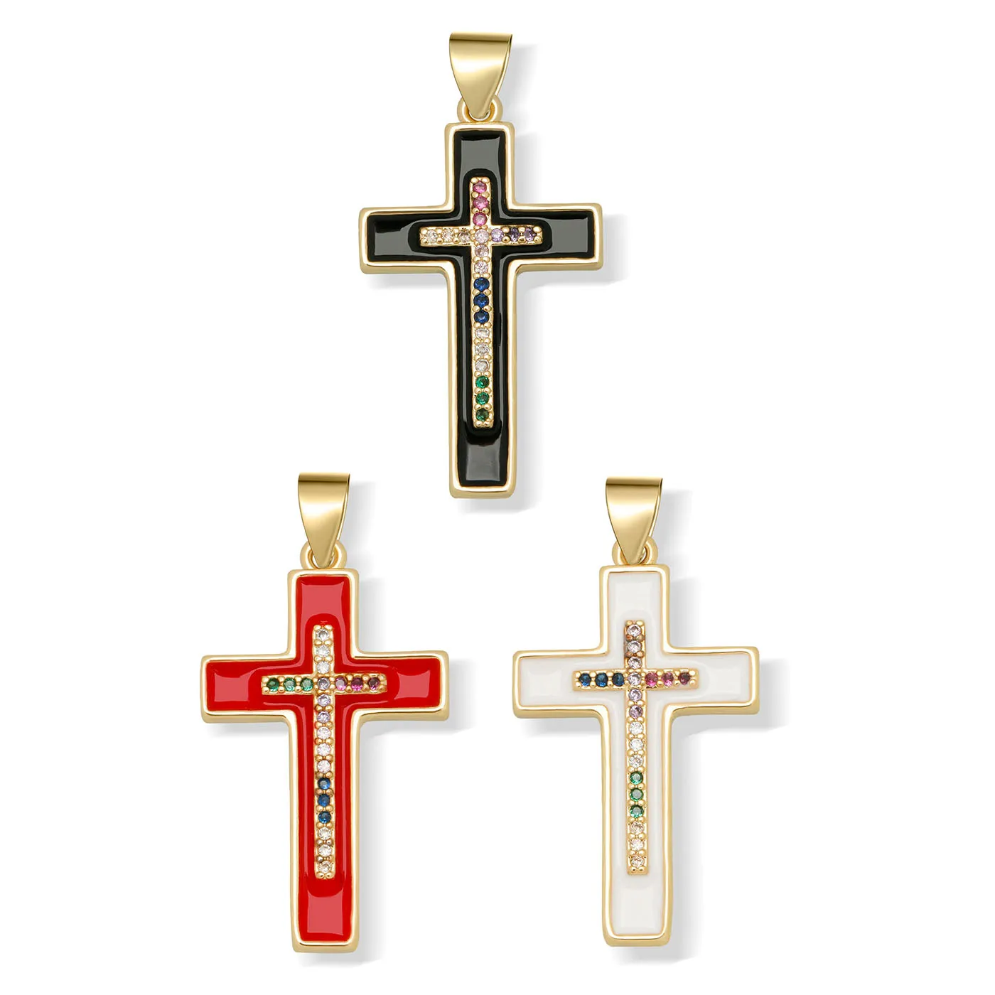 

AAA кубический цирконий Кристалл Многоцветный CZ позолоченный медный крест ожерелье для создания христианской религии религиозные украшени...