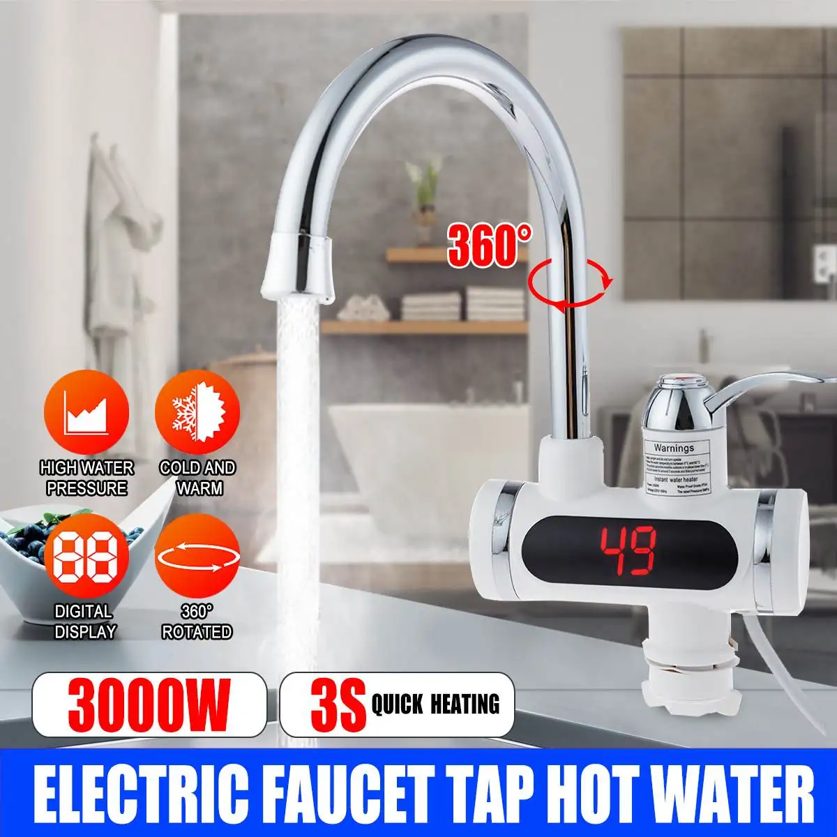 

3S Heating 3000W Electric Faucet Tap Hot Water Heater 360 Degree Rotation Instant Hot Water Heater LED Display Bathroom Kitchen