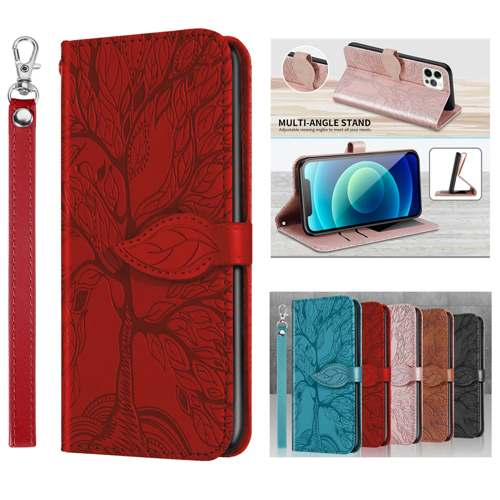 

For Samsung Galaxy S21 FE S21 Ultra S20 Plus Note 20 M62 M51 Embossed Tree Leather Case Card Slot Flip Stand Wallet Cover Shell