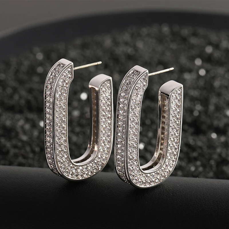 

Geometric U Shape Hollow Large Thick Hoop Earrings Full Cubic Zirconia Copper S925 Pin Exaggerated Fashion Women Jewelry Luxur