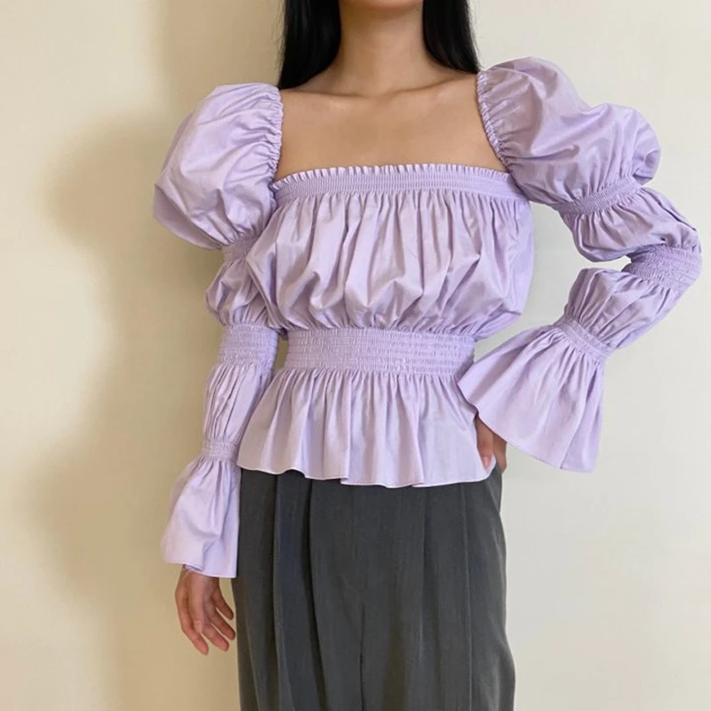 

Women Autumn Vintage Clothes Solid-Color Square Collar Puff Sleeves Shirt Office Lady Top