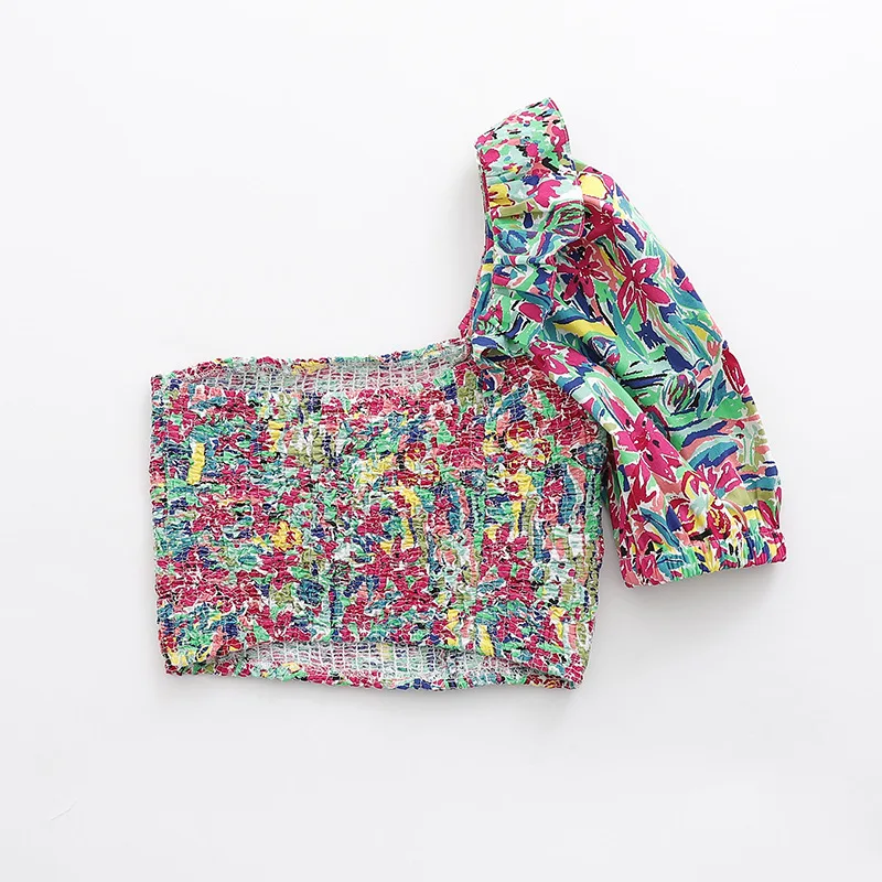 

women one shoulder pleated ruffles short Crop top floral print slim blouses women korean style roupas femininas chemise shirt