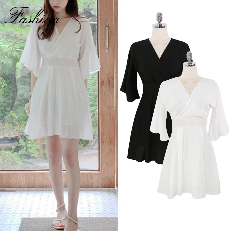 Шифоновое платье в корейском и японском стиле Пляжное с коротким рукавом v