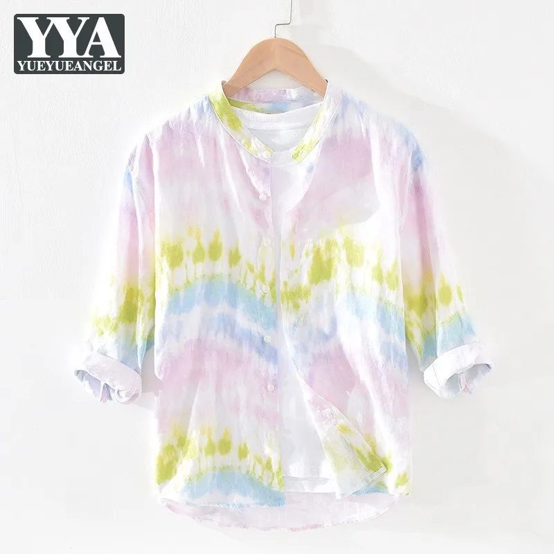 

Mens Stand Collar Three Quarter Sleeve Printed Button Linen Shirt Summer Loose Fit Thin Section Shirts Fashion Casual Men Tops