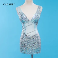sexy party evening dresses see through mesh prom dress short special occasion sewing rhinestones light blue f0513 deep v neck