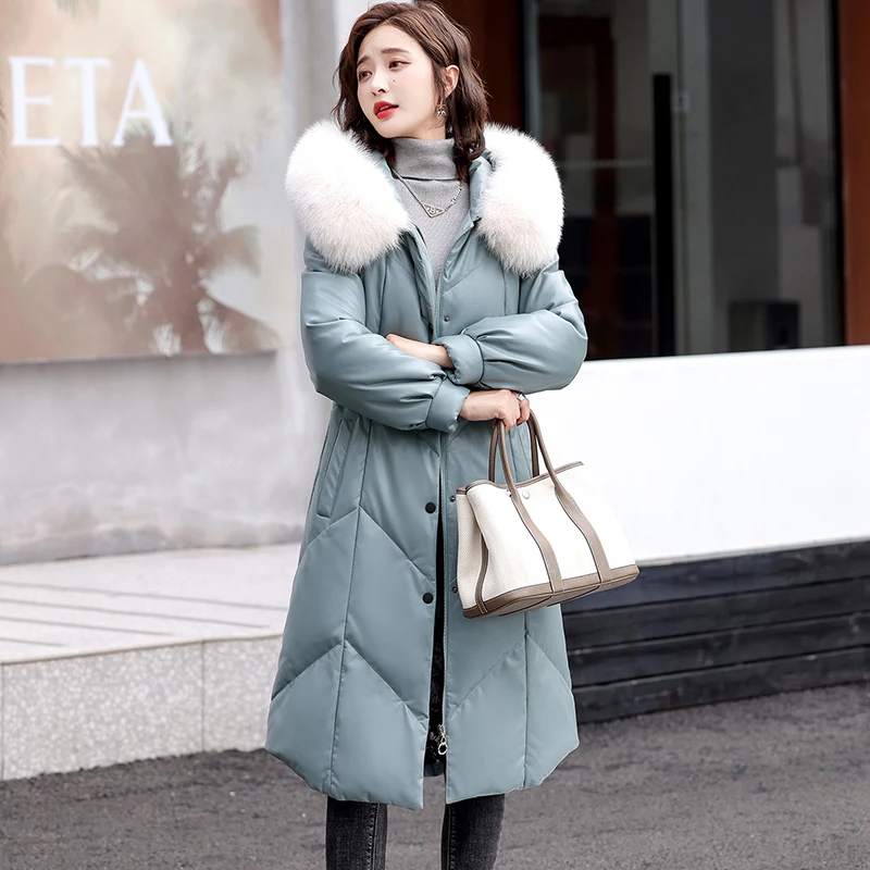 New Women Sheepskin Down Overcoat Autumn Winter 2022 Fashion Warm Fox Fur Collar Drawstring Waist Slim Long Leather Down Coat