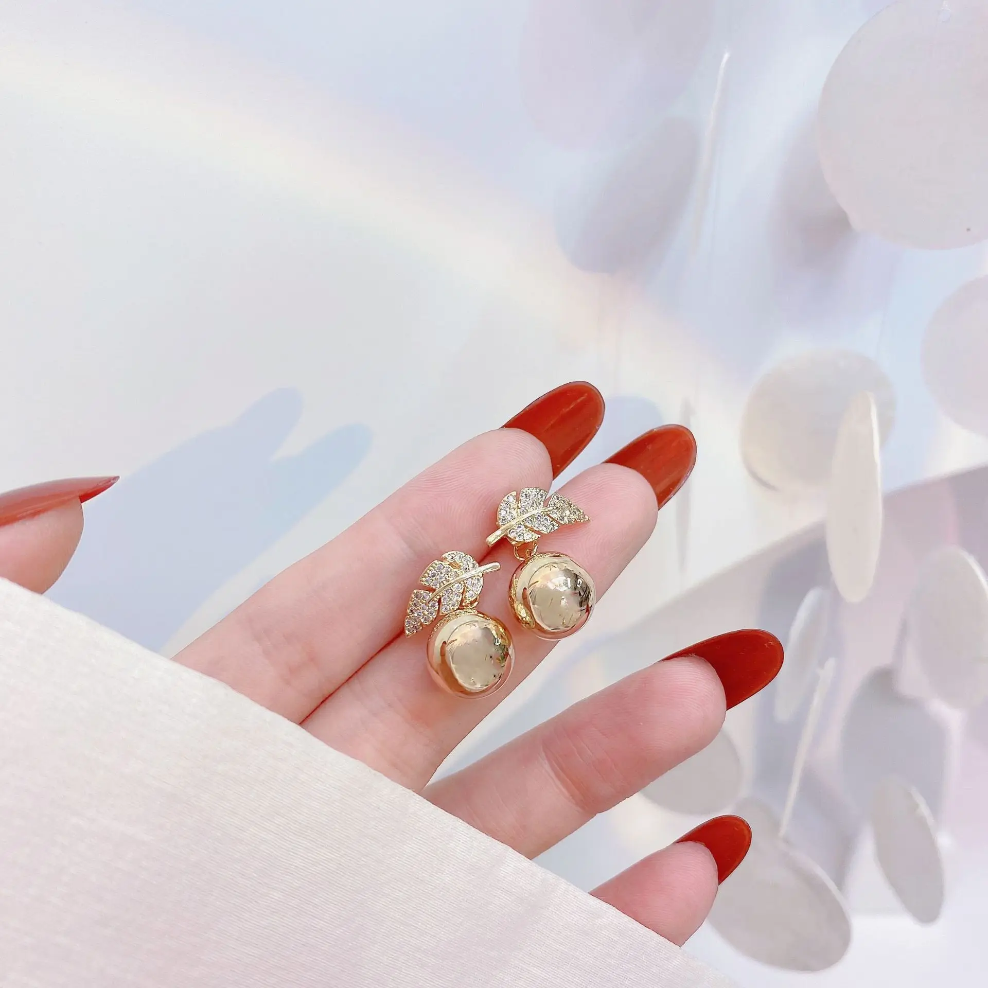 

2 In 1 New Golden Ball Leaves Earrings For Women Personality Creative Ear Studs Simple Jewelry Gift