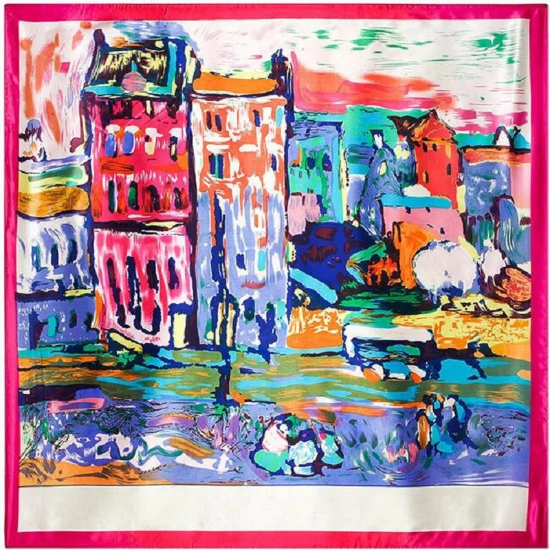 

Satin scarf lady fashion luxury woman scarf beautiful oil painting wild shawl hood 90CM square scarf Big Neck Tie Band scarf
