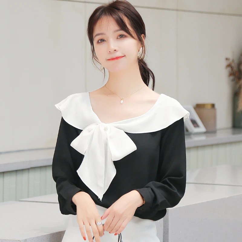 

COIGARSAM French Style blouse women New Spring Ruffles Full Sleeve Chiffon Patchwork blusas womens tops and blouses Black 8235