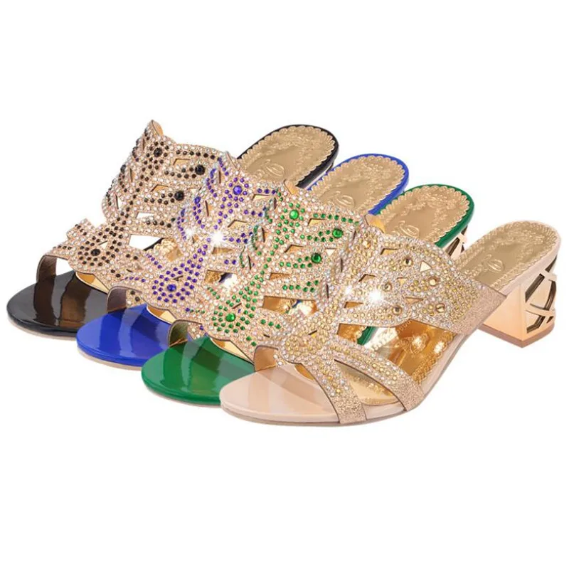 

Summer women's sandals new rhinestone thick with hollow word drag fish mouth beach sandals and slippers female plus size sandals