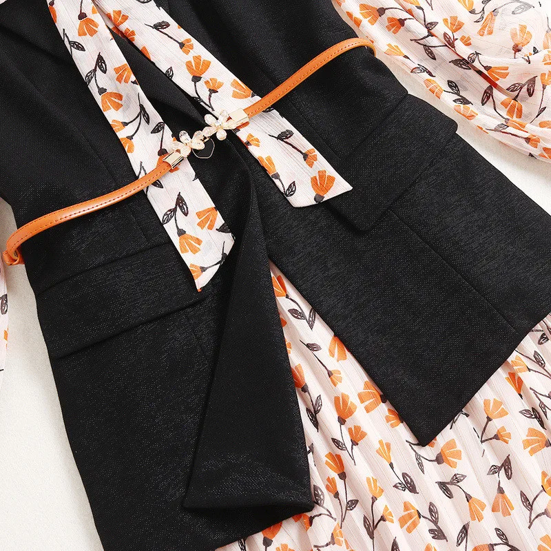 

Autumn 2021 New Fashion Dress Women Clothing High Quality Designers Bow Collar Print Chiffon Dress 2 piece Set
