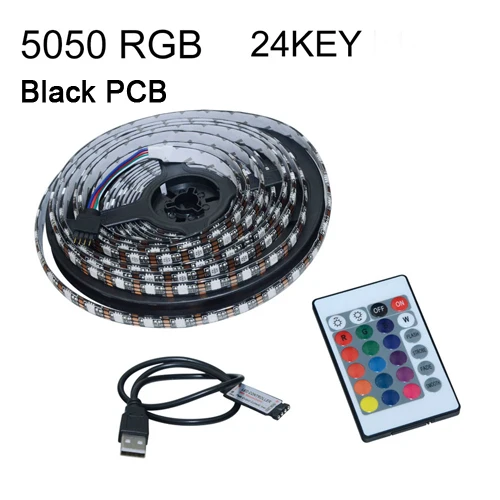 Black PCB RGB 24KEY Светодиодная лента с питанием от USB, 5 В, Светодиодная лента USB 5050, 50 см, 1 м, 2 м, 3 м, 4 м, 5 м, освещение для ТВ фона, белый, черный, pcb 60 Светодиодный s/M настольная декоративная лампа - Испускаемый цвет: Black PCB RGB 24KEY
