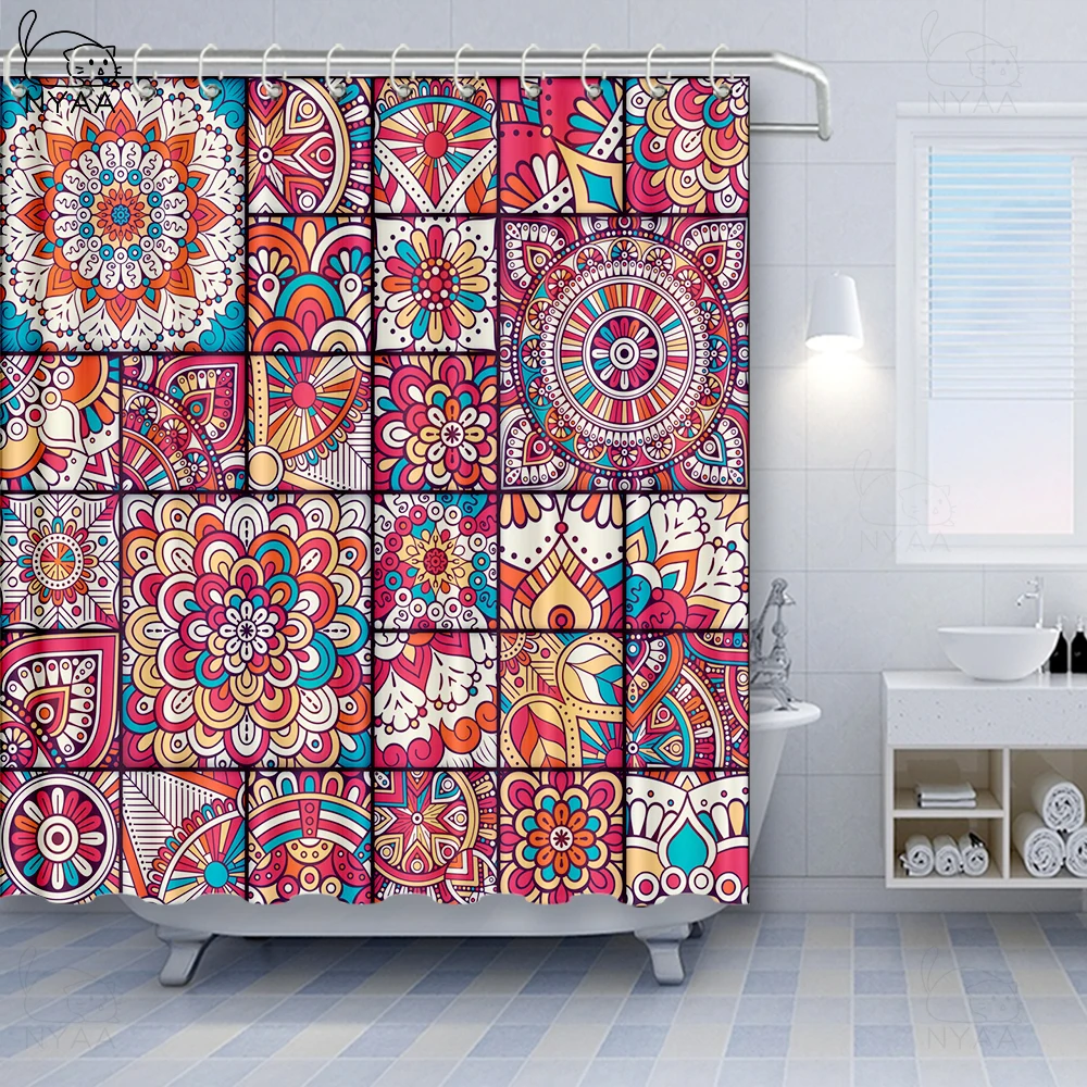 

Vixm Yellow and Blue Shower Curtain Mosaic Portuguese Azulejo Mediterranean Arabesque Effect Fabric Bath Curtains
