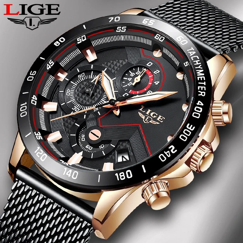 LIGE новые мужские s часы лучший бренд класса люкс кварцевые сетка стальной