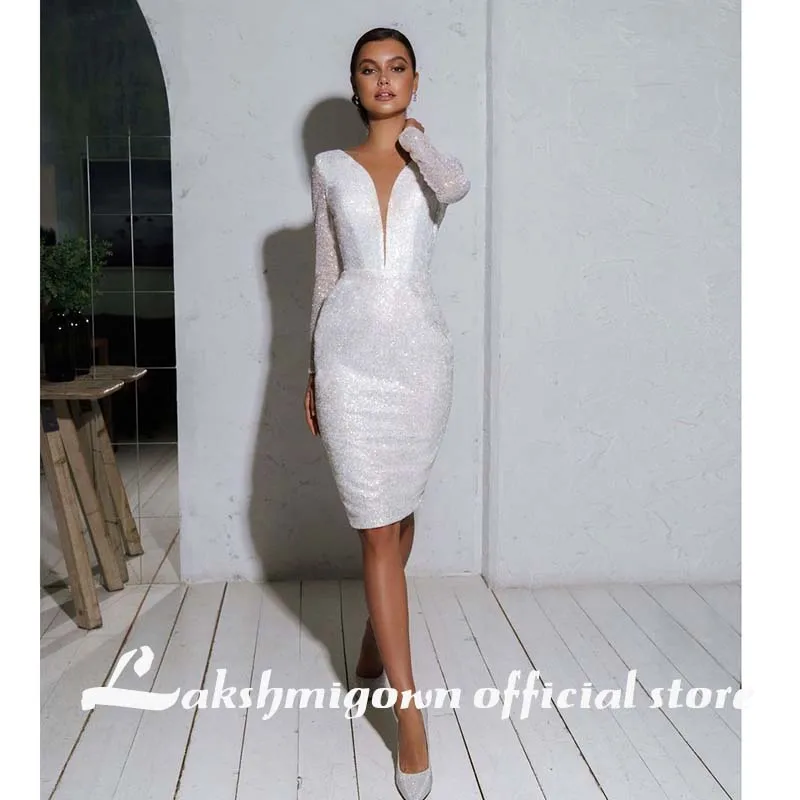 По колено одежда с длинным рукавом Короткие свадебные платья v образным вырезом