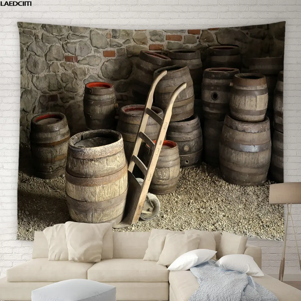 Винтажный гобелен в деревенском стиле Классический старый дубовый бочонок