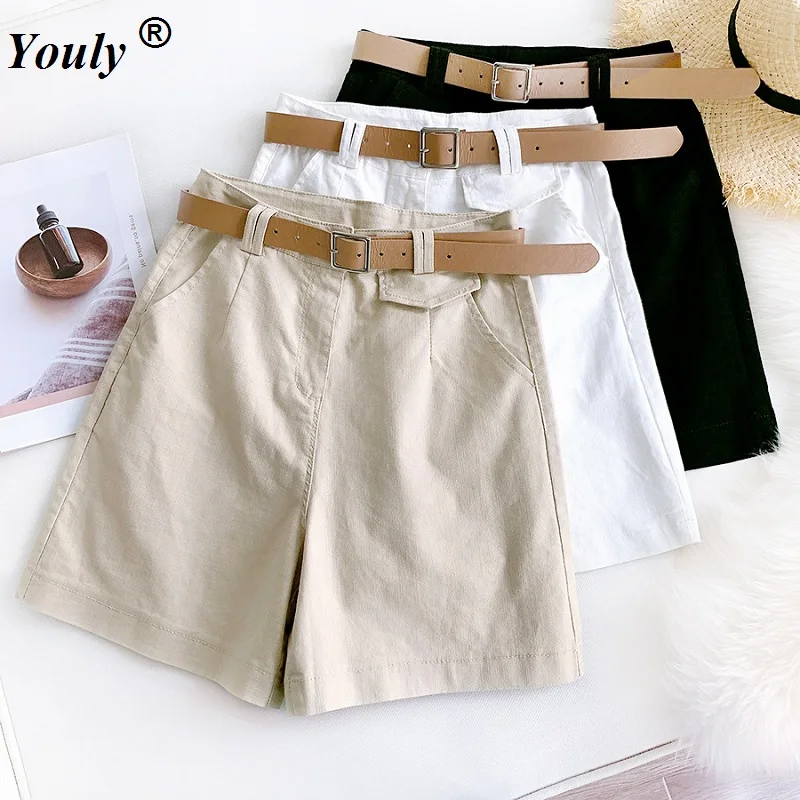 

Простые горячие короткие летние женские модные свободные хлопковые шорты с широкими штанинами и ремнем, повседневные женские шорты, 2021 шта...