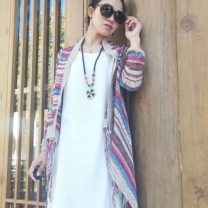 Женский вязаный облегающий свитер с кисточками пончо повседневный полосатый