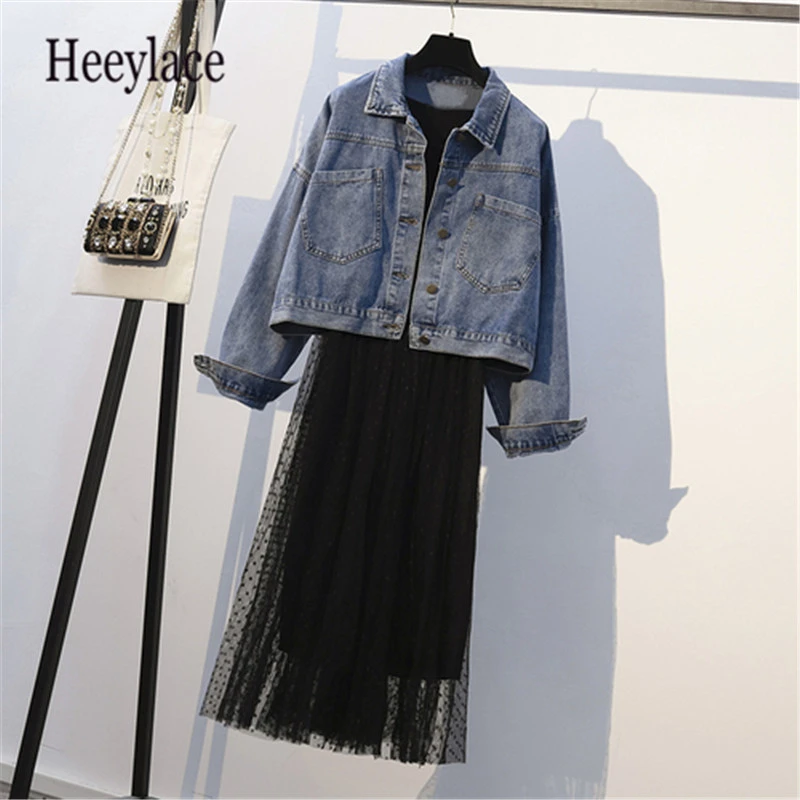 Сетчатое платье джинсовая куртка женский костюм весна осень нового размера плюс