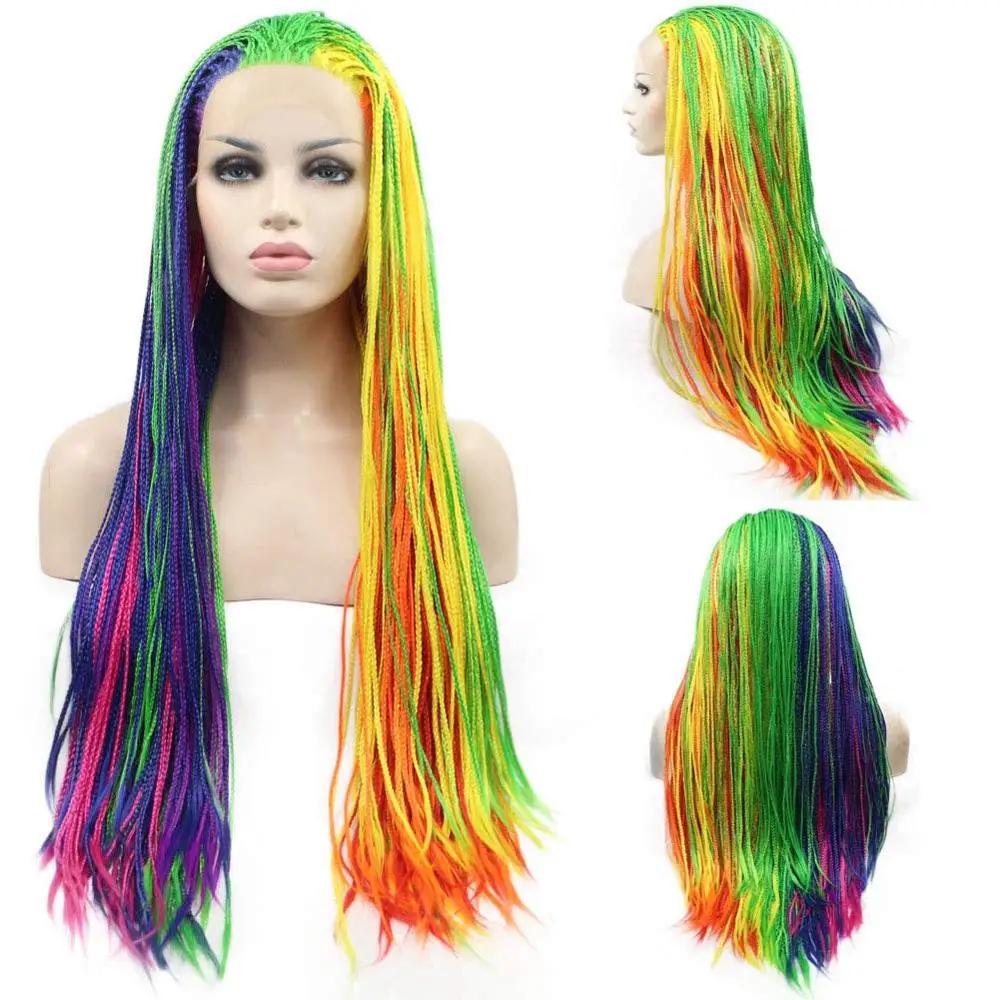 Rainbow Braids Lace Front Wig Fully Hand Tied Synthetic Braided Hair Green Blue Yellow Purple Orange Pink Red 7 Colors Cosplay