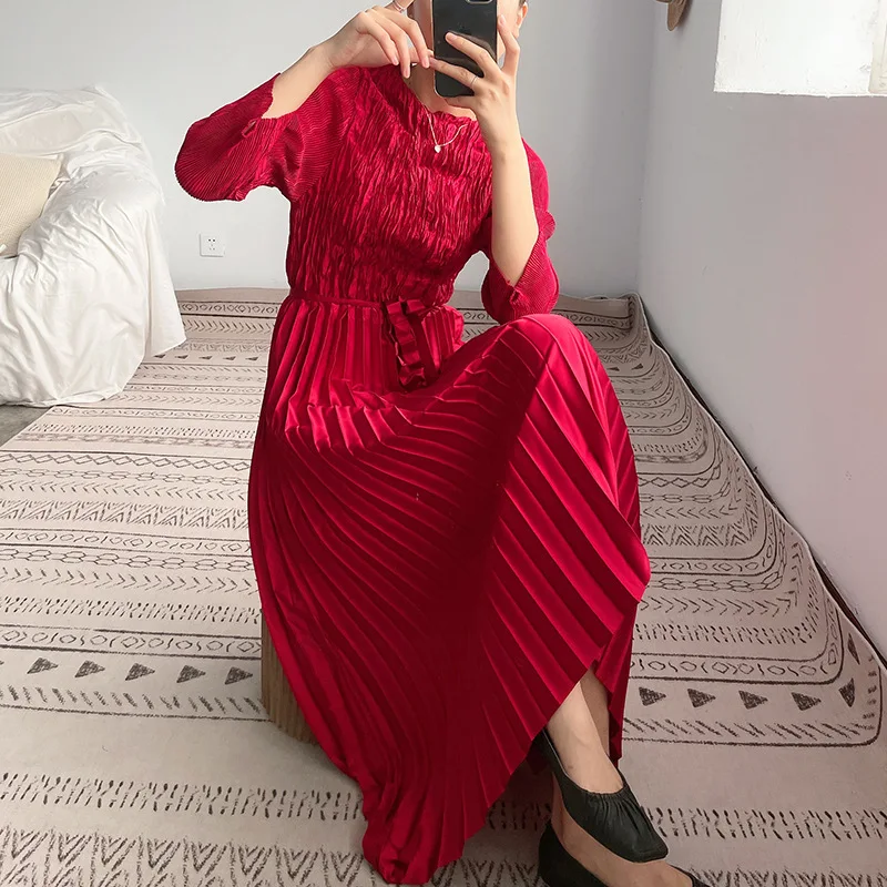 Red organ women's long dress autumn 2021 new style laced and waist thin basic miyake pleated  fashion skirts for woman