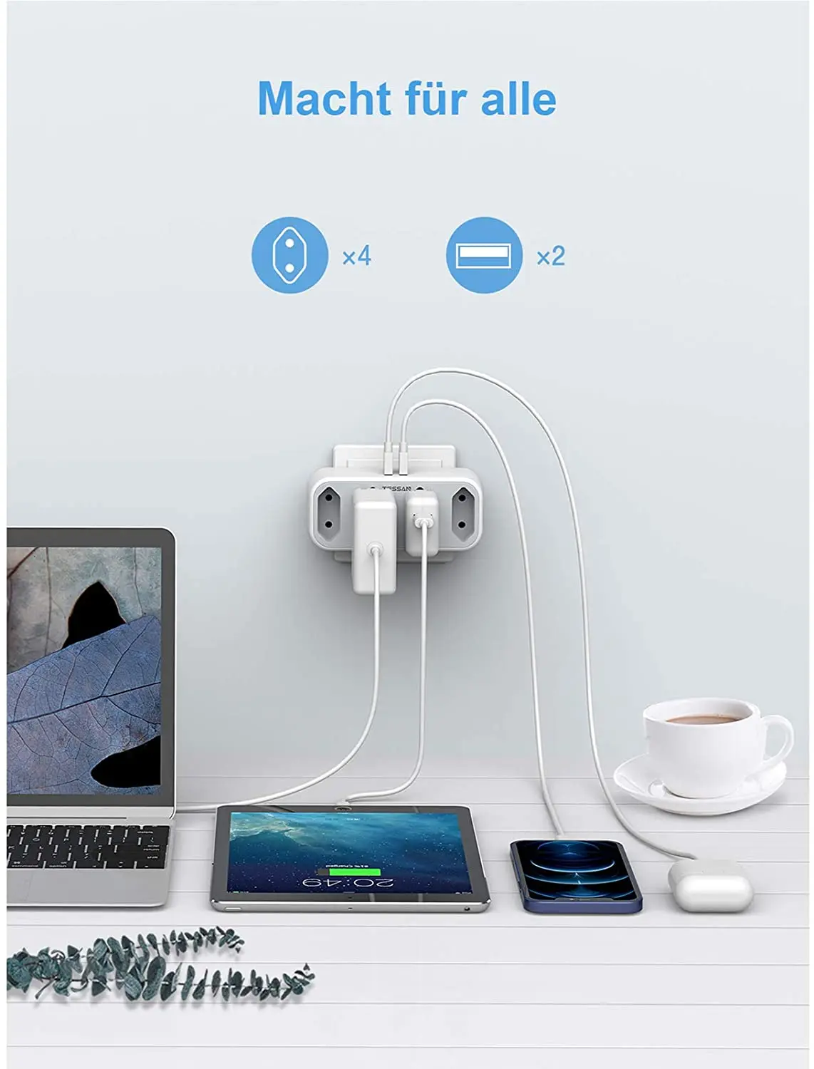 Сетевой удлинитель TESSAN с 4 USB-разъемами 2 USB-порта 3600 Вт защита от перегрузки